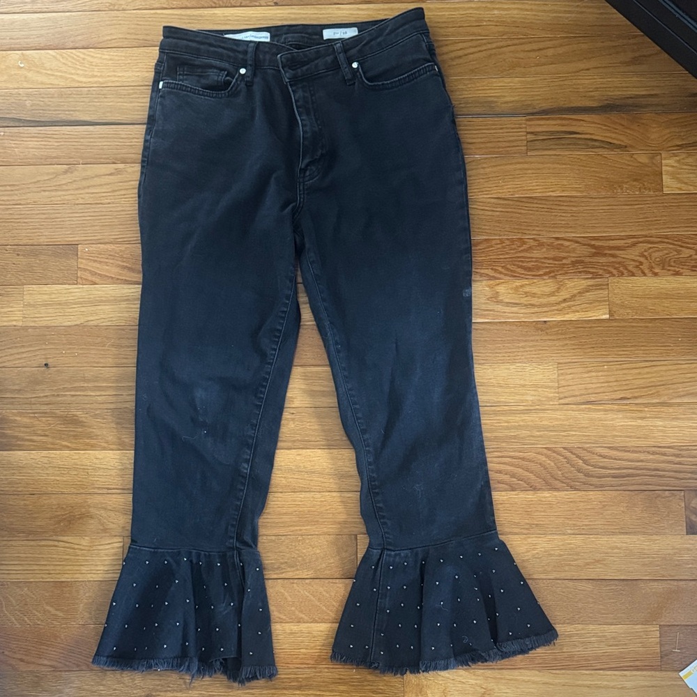 Pilcro Black Flared Jeans with Studded Ruffle Hem